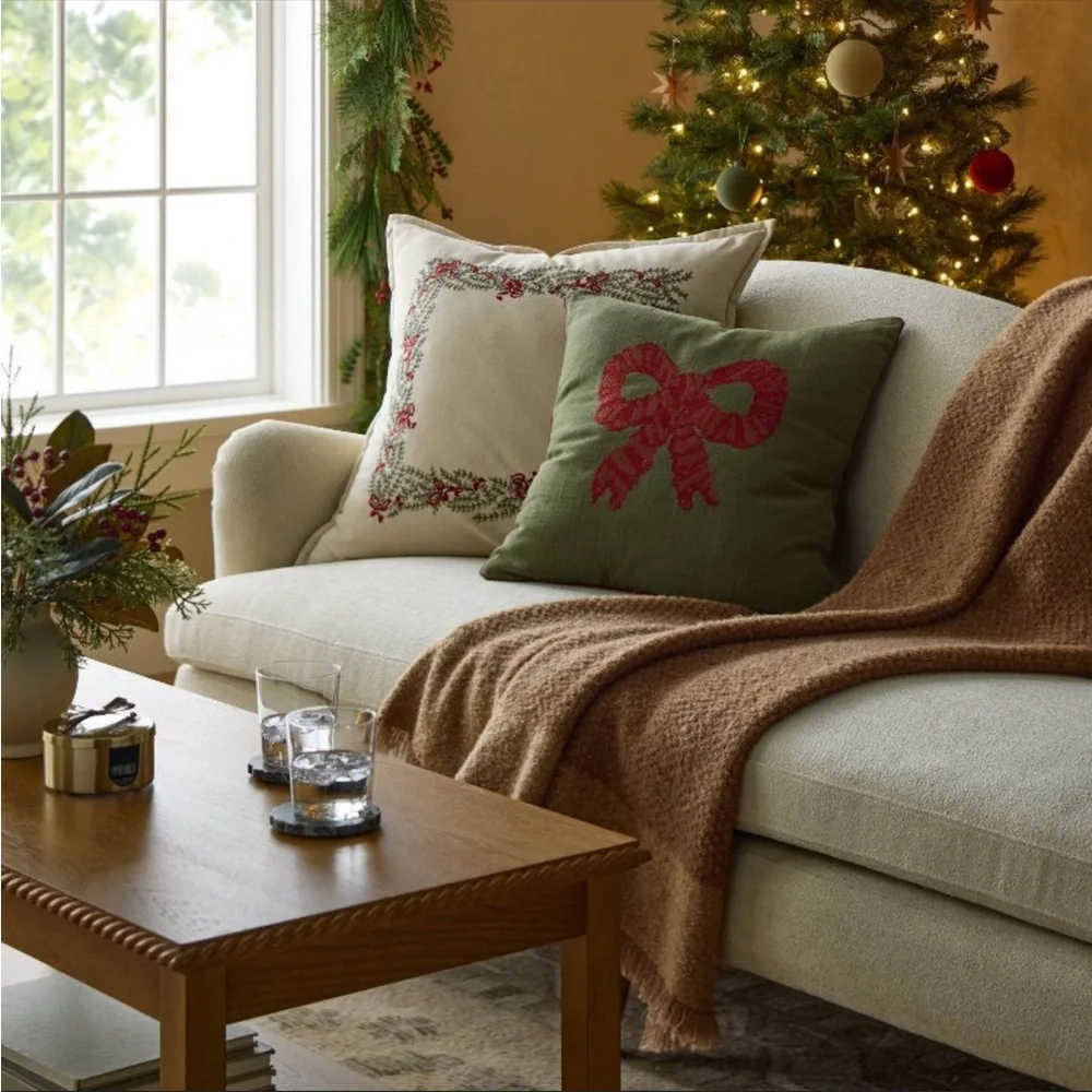 NWT Natural Embroidered Green and Bows Pillow -‎ 24 x 24” STUDIO MCGEE